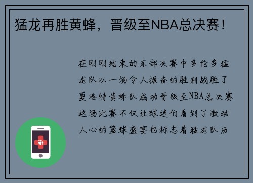 猛龙再胜黄蜂，晋级至NBA总决赛！